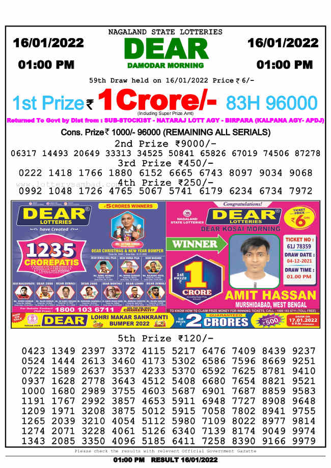Nagaland State 1 PM Lottery Result 16.1.2022
