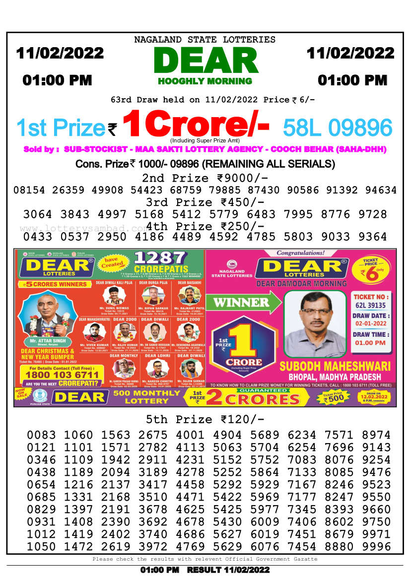 Lottery Smabd 1pm Result 11.2.2022
