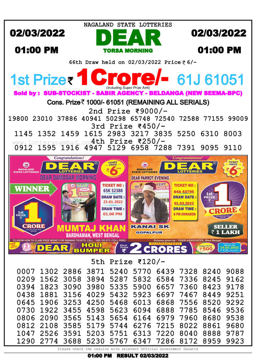 Lottery Sambad 1pm Result 2.3.2022