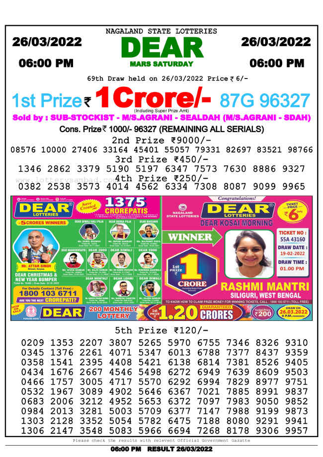 Nagaland 6 PM Lottery Result 26.3.2022