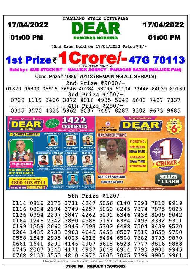 Lottery Sambad 1pm Result 17.4.2022