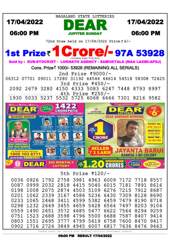 Lottery Sambad 6pm Result 17.4.2022