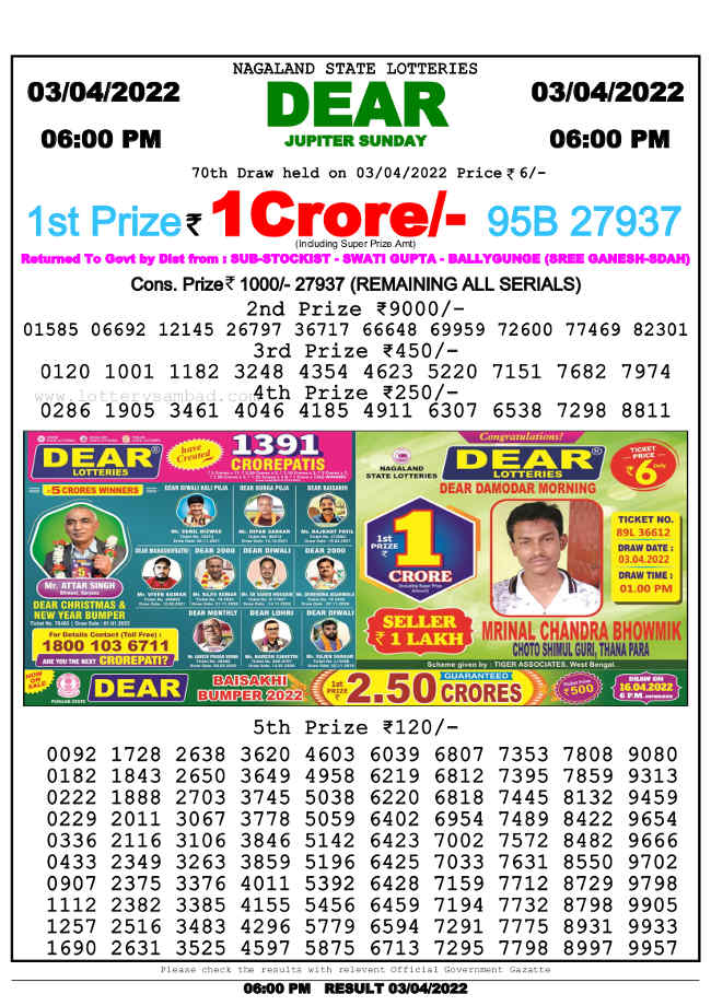 Nagaland 6 PM Lottery Result 3.4.2022