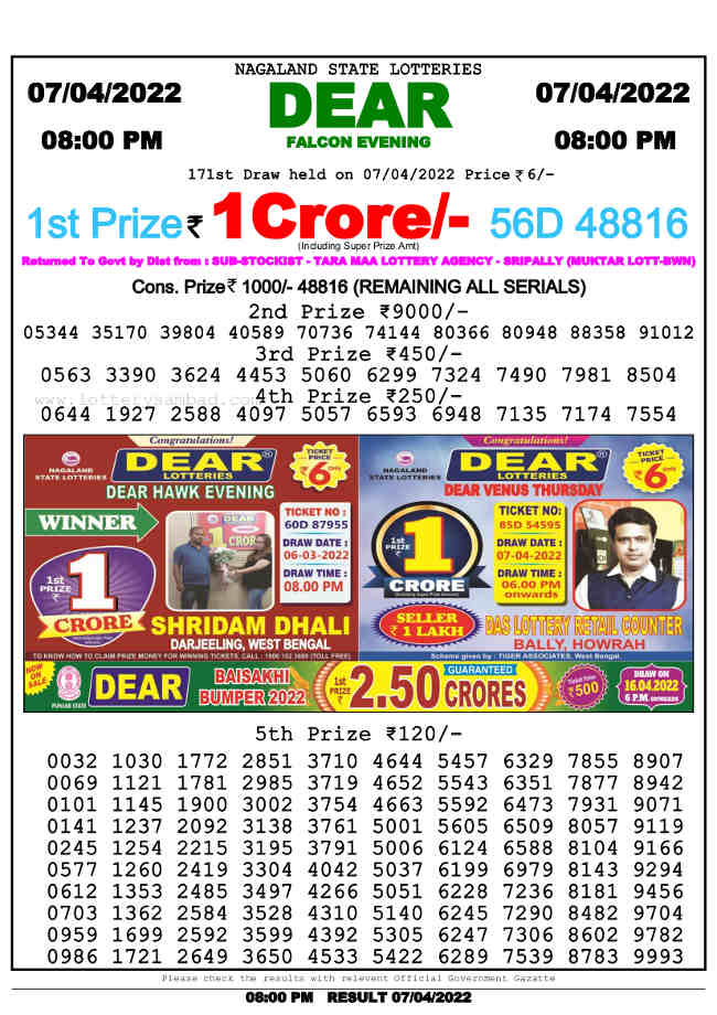 Nagaland 8 PM Lottery Result 7.4.2022