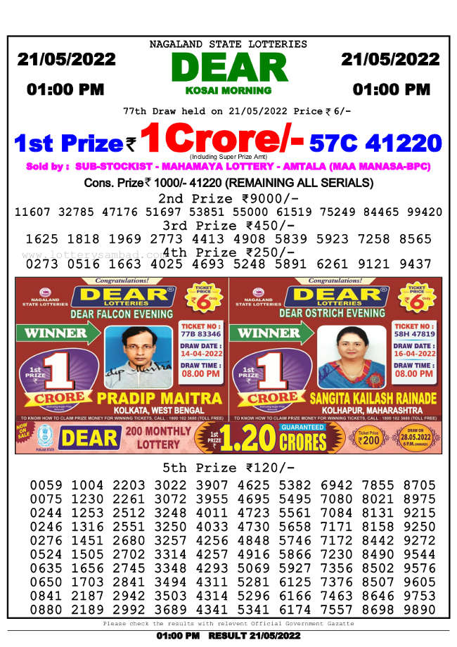 Lottery Sambad 1pm result 21.5.2022