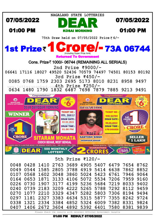 Lottery Sambad 1pm Result 7.5.2022
