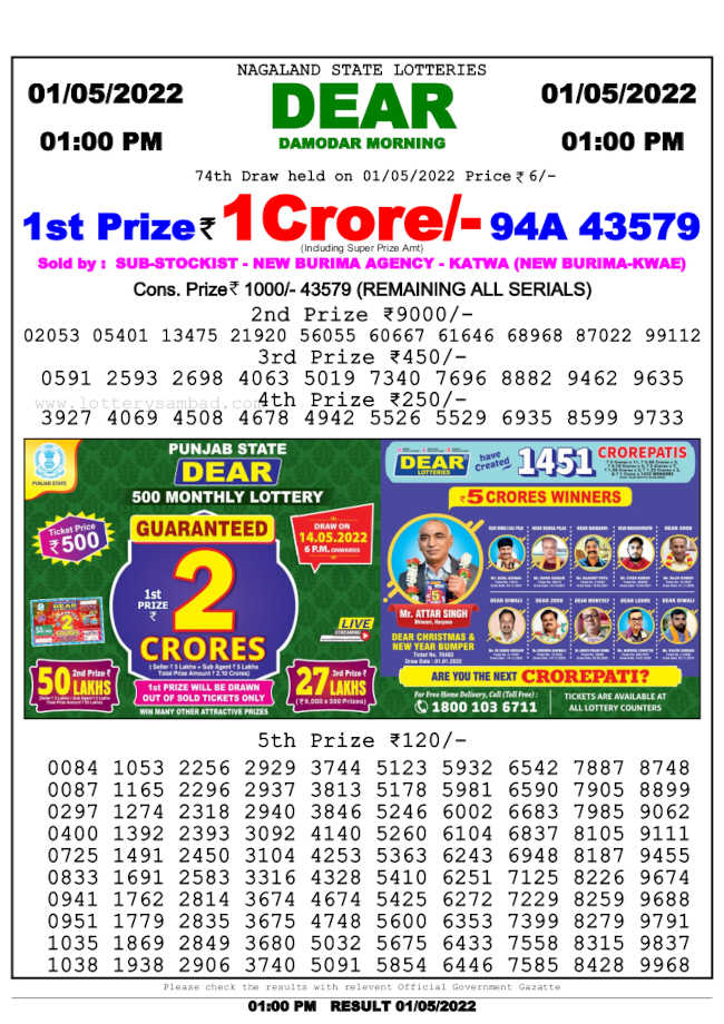 Lottery Sambad 1pm Result 1.5.2022