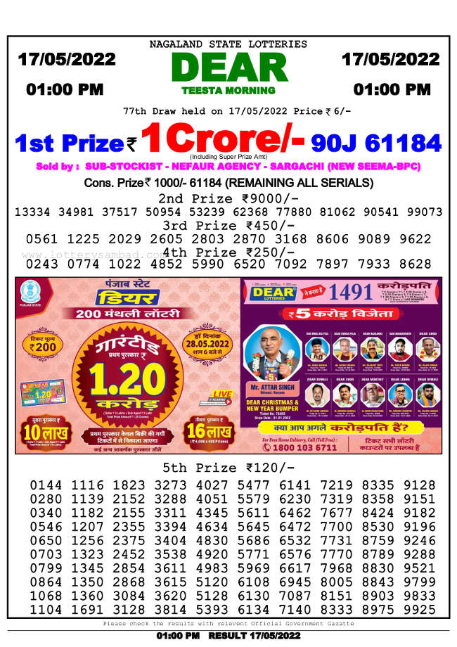 Lottery Sambad 1pm Result 17.5.2022