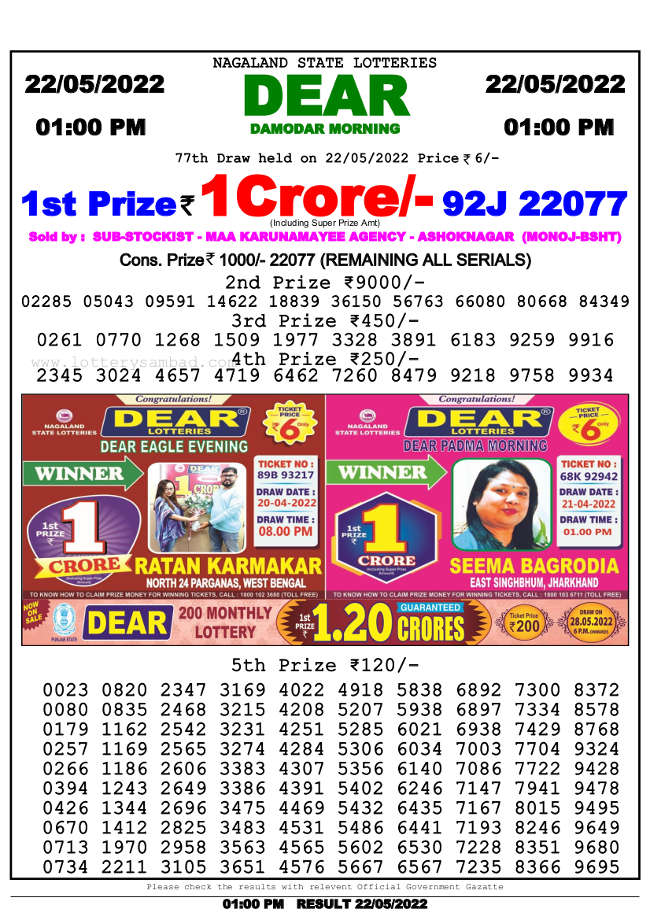 Lottery samabd 1pm Result 22.5.2022