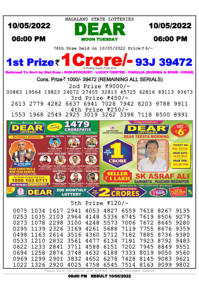 Lottery Sambad 6pm Result 10.5.2022