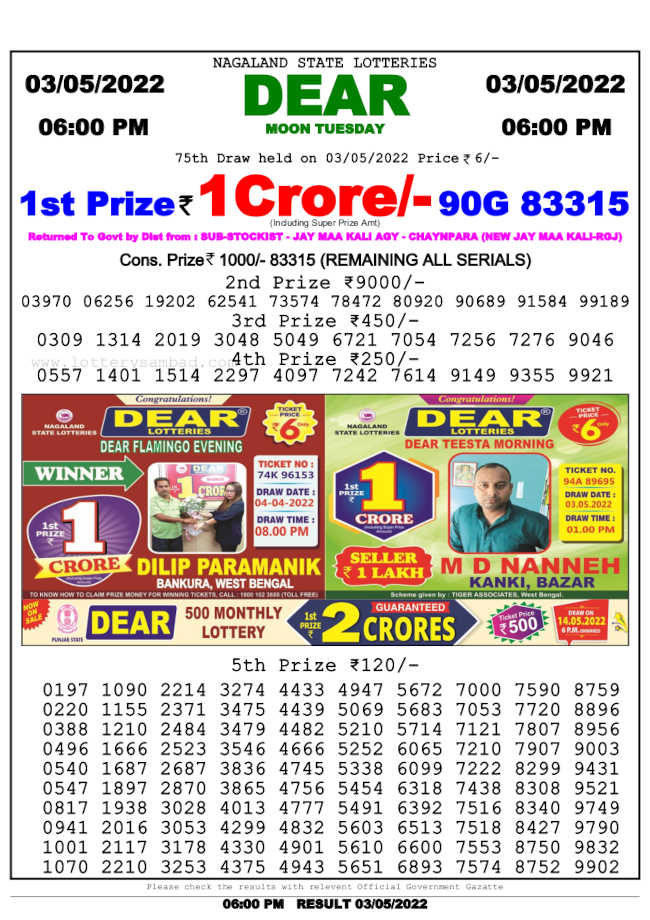 Lottery Sambad 6pm Result 3.5.2022