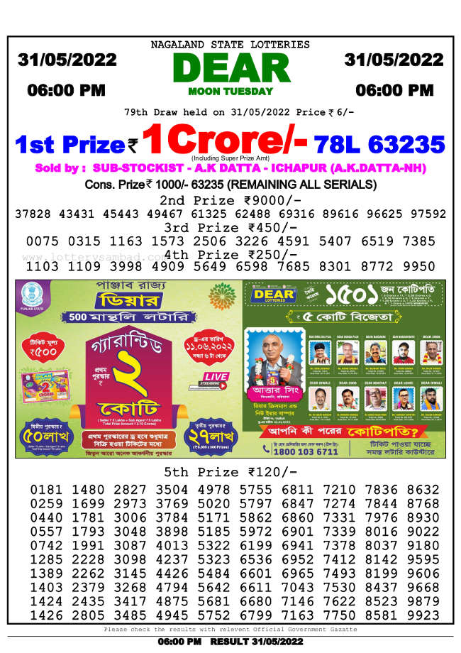 Lottery Sambad 6pm Result 31.5.2022