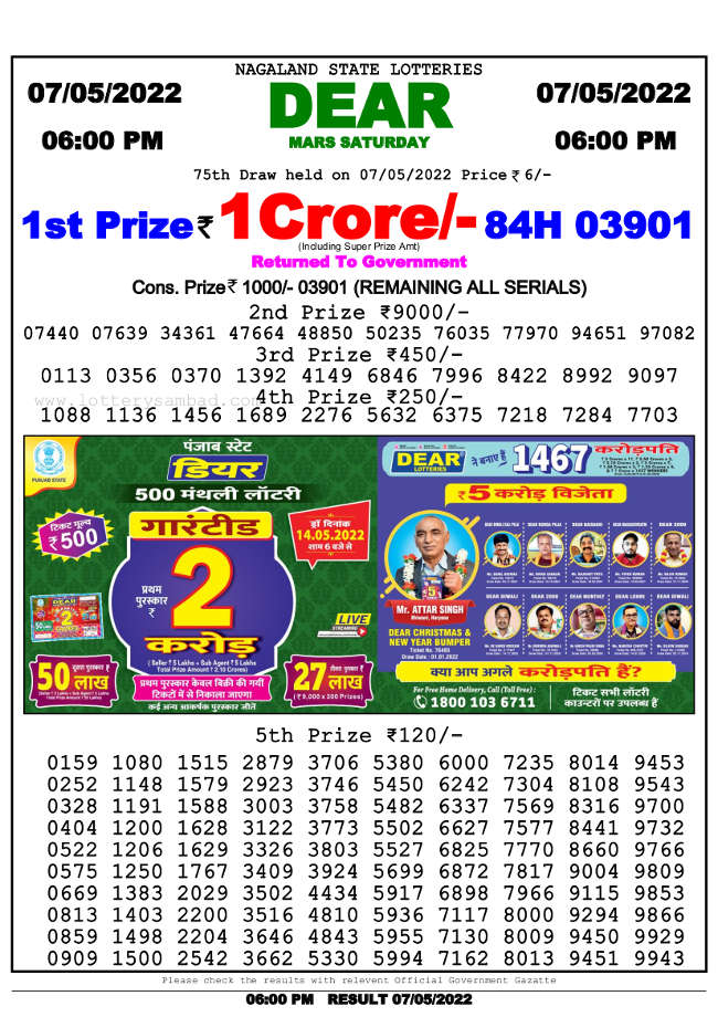 Lottery Sambad 6pm Result 7.5.2022