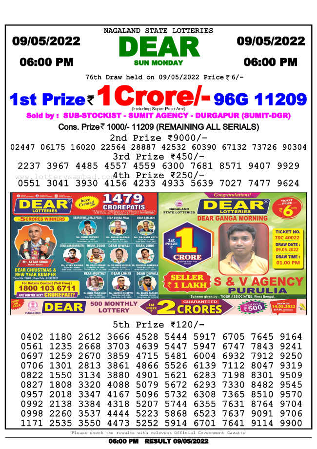 Lottery Samabd 6pm Result 9.5.2022