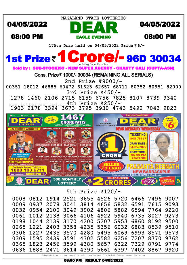 Lottery Sambad 8pm Result 4.5.2022
