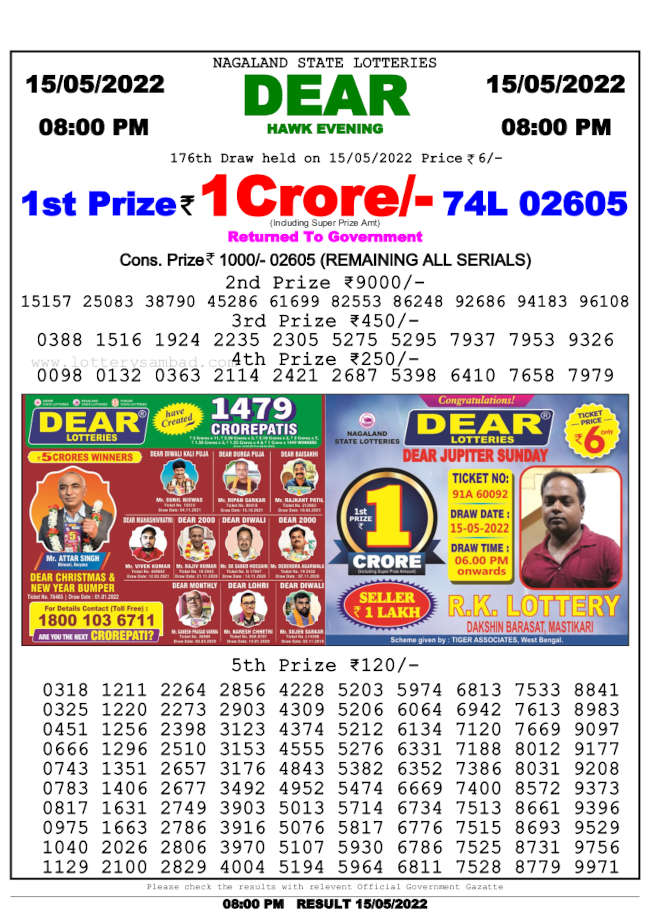 Lottery smabad 8pm Result 15.5.2022