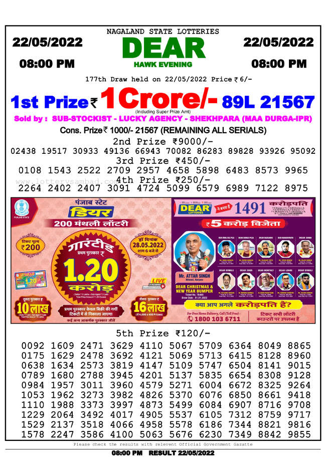 Lottery Sambad 8pm Result 22.5.2022