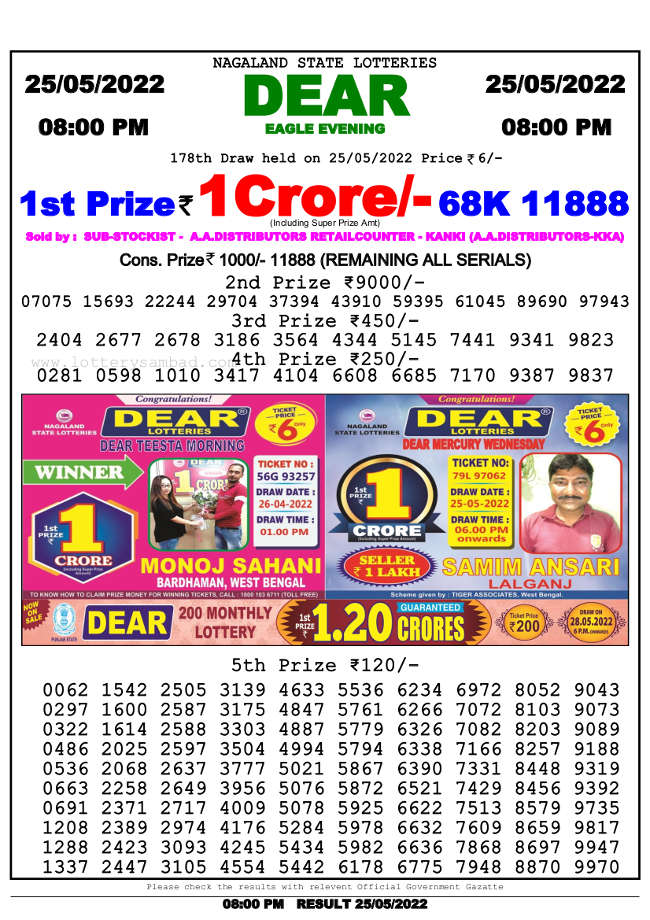 Lottery Sambad 8pm Result 25.5.2022