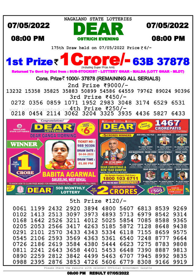 Lottery Sambad 8pm Result 7.5.2022