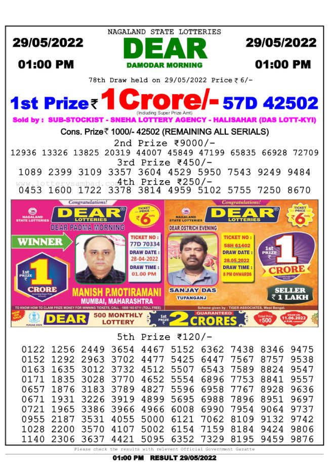 Lottery Sambad 1pm Result 29.5.2022