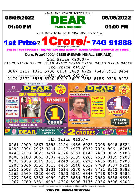 Lottery Smabad 1pm Result 5.5.2022