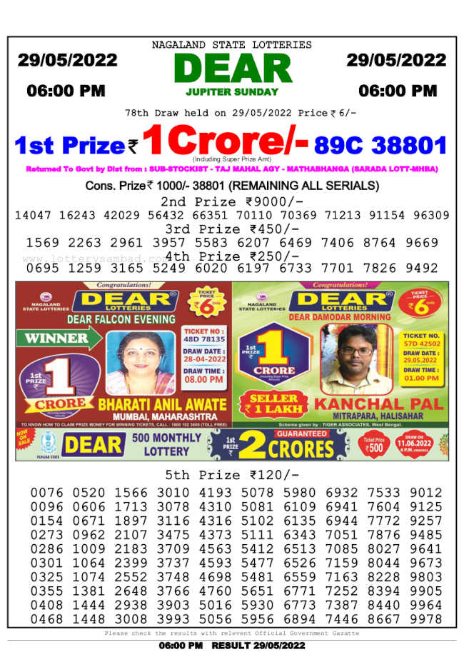 Lottery sambad 6pm result 29.5.2022