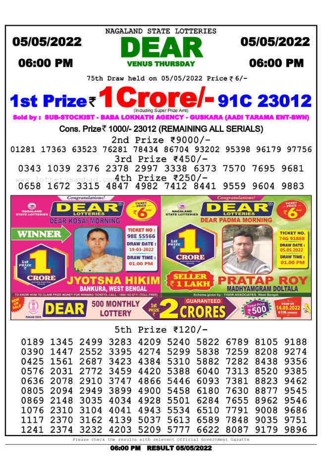 Nagaland 6 PM Lottery Result 5.5.2022