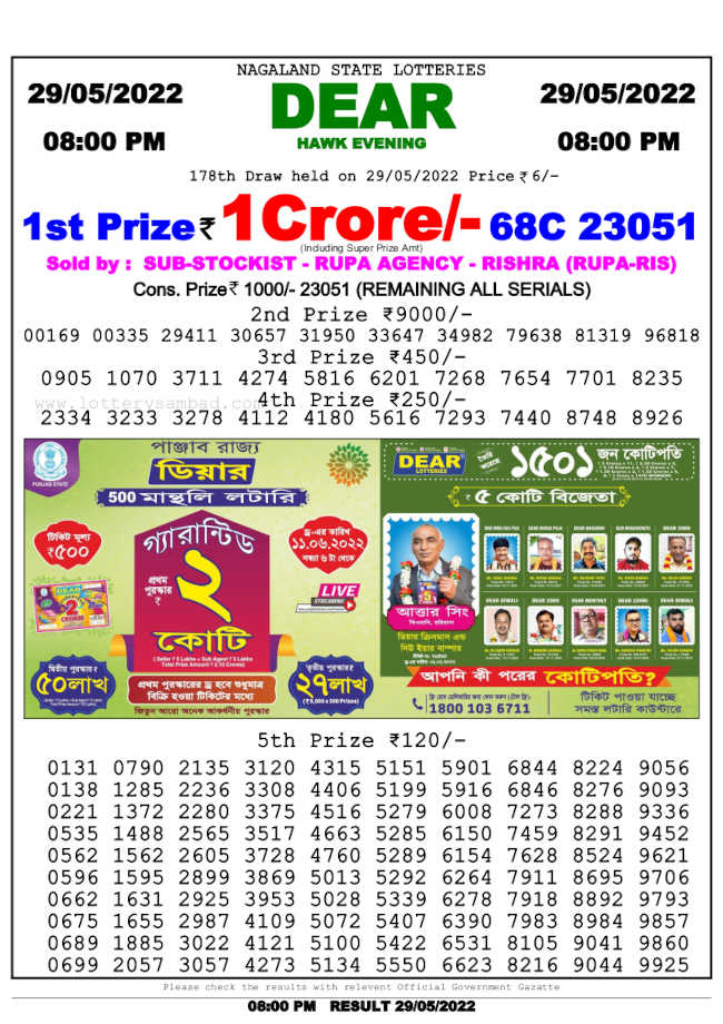 Lottery Sambad 8pm Result 29.5.2022