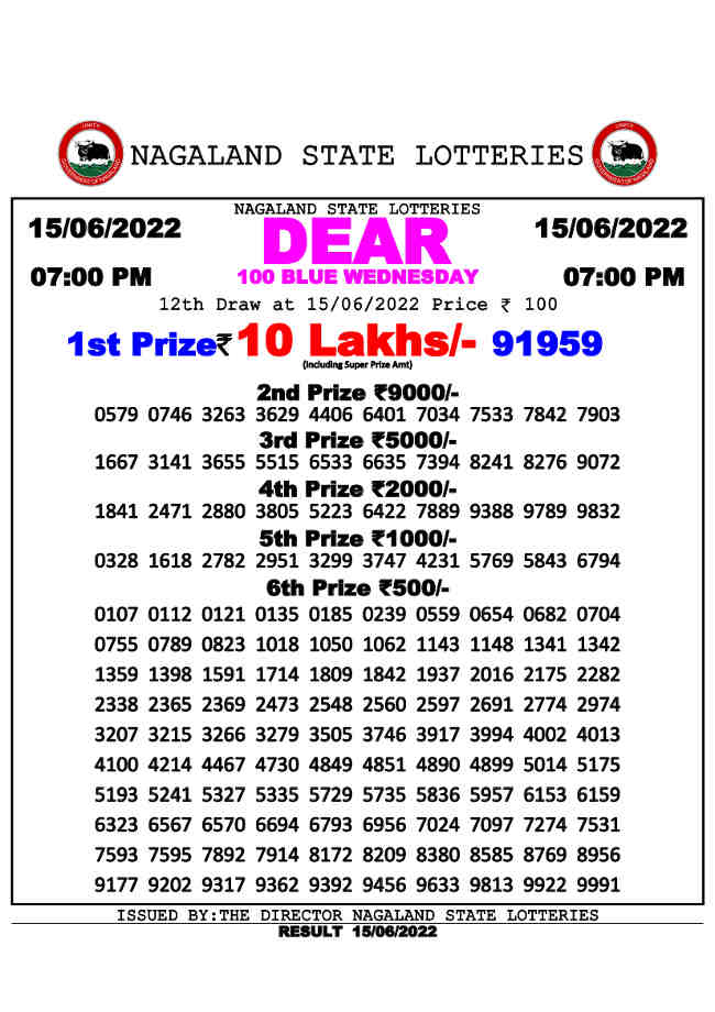 Nagaland dear 100 lottery result 15.6.2022
