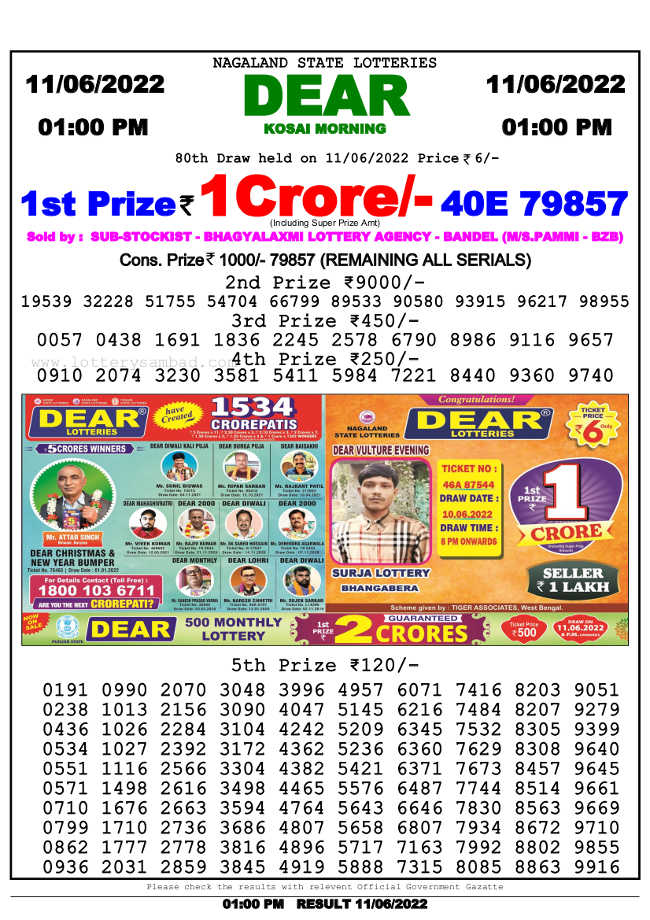 Lottery Sambad 1pm Result 11.6.2022