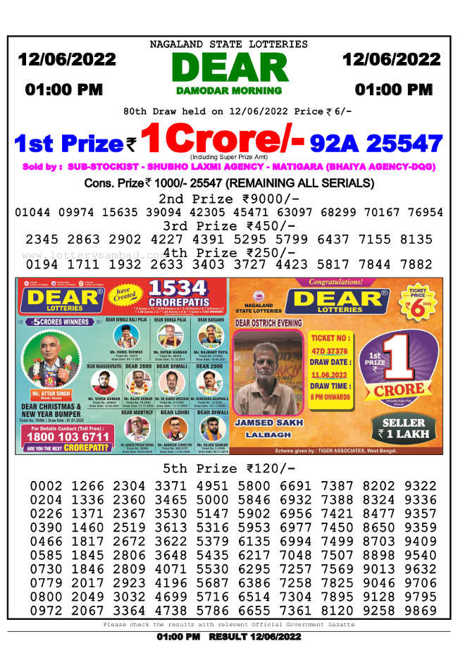 Lottery Sambad 1pm Result 12.6.2022