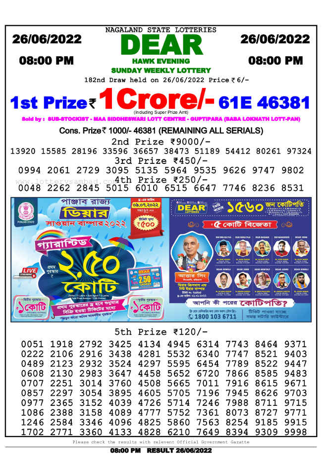 Nagaland 8 PM Lottery Result 26.6.2022