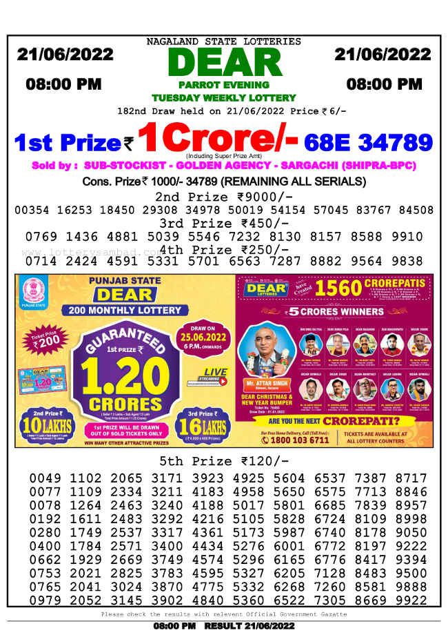 Lottery Sambad 8pm Result 21.6.2022
