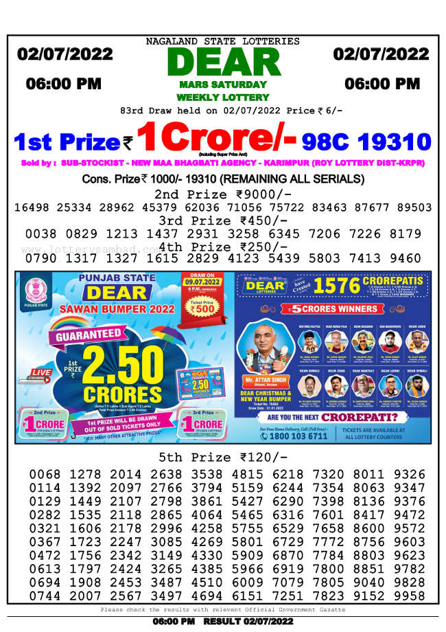 Lottery Sambad 6pm Result 2.7.2022