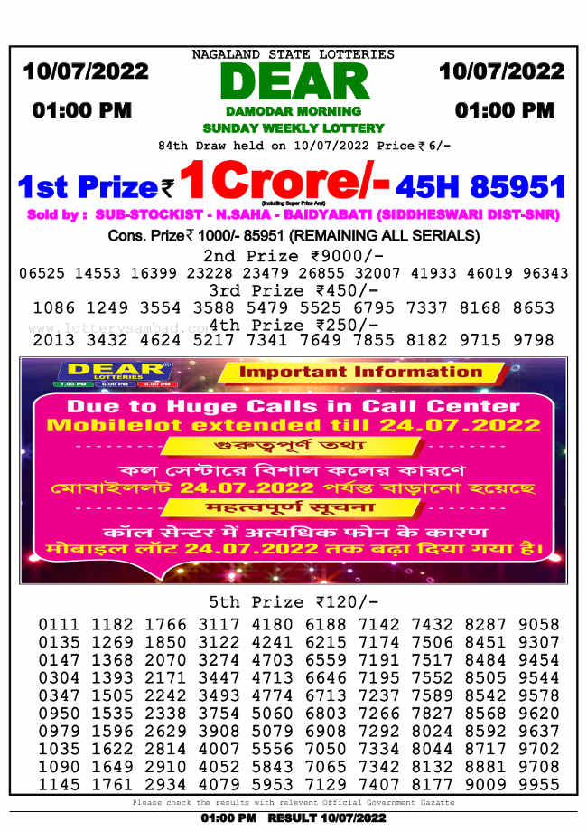 Nagaland 1PM Lottery result 10.7.2022