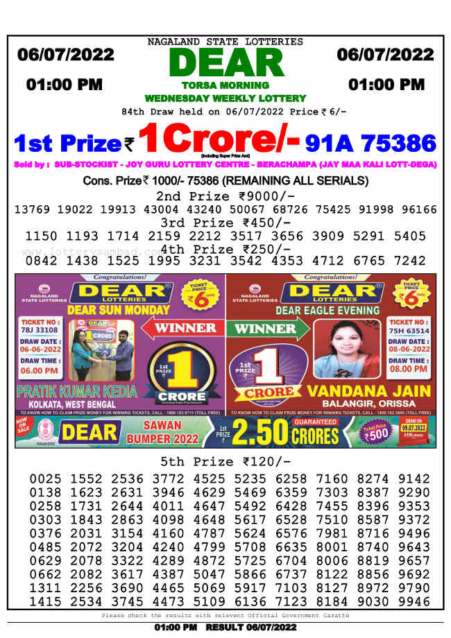 Nagaland 1PM Lottery Result 6.7.2022