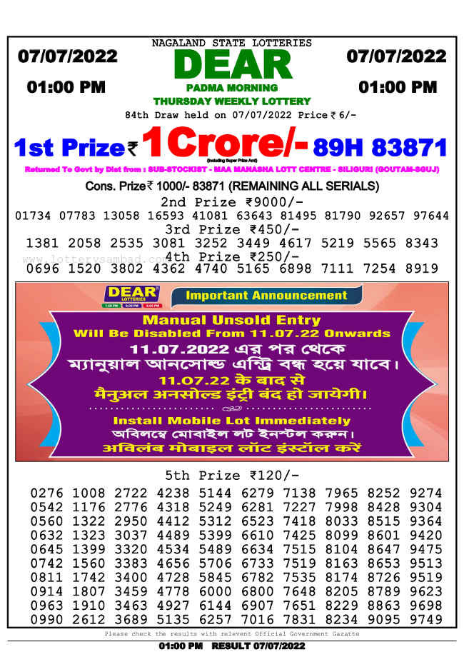 Nagaland 1 PM Lottery Result 7.7.2022