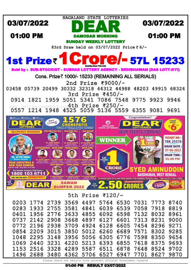 Nagaland 1 PM Lottery Result 03.07.2022