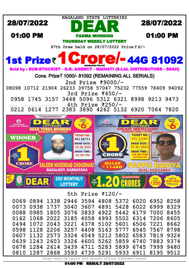 Nagaland 1PM Lottery Result 28.7.2022