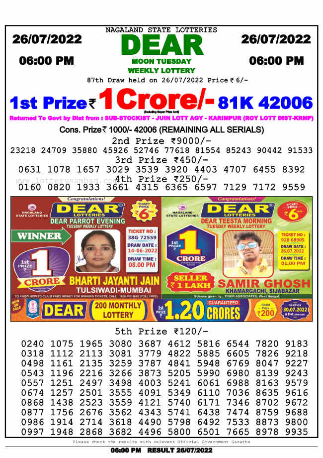 Nagaland 6 PM Lottery Result 26.7.2022