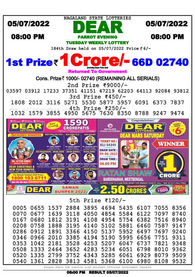 Nagaland 8 PM Lottery Result 5.7.2022