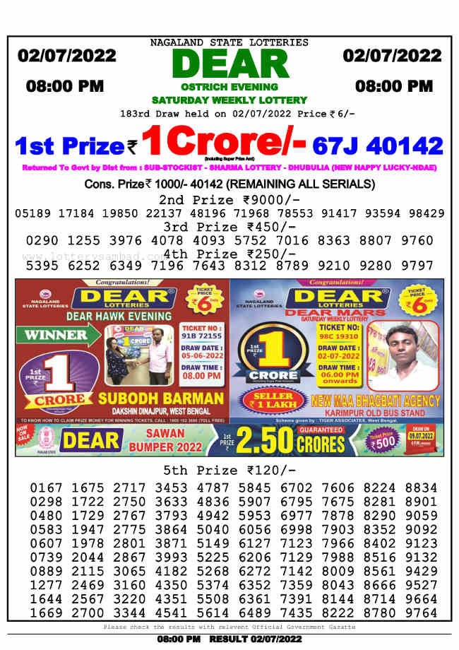Nagaland 8 PM Lottery Result 02.07.2022