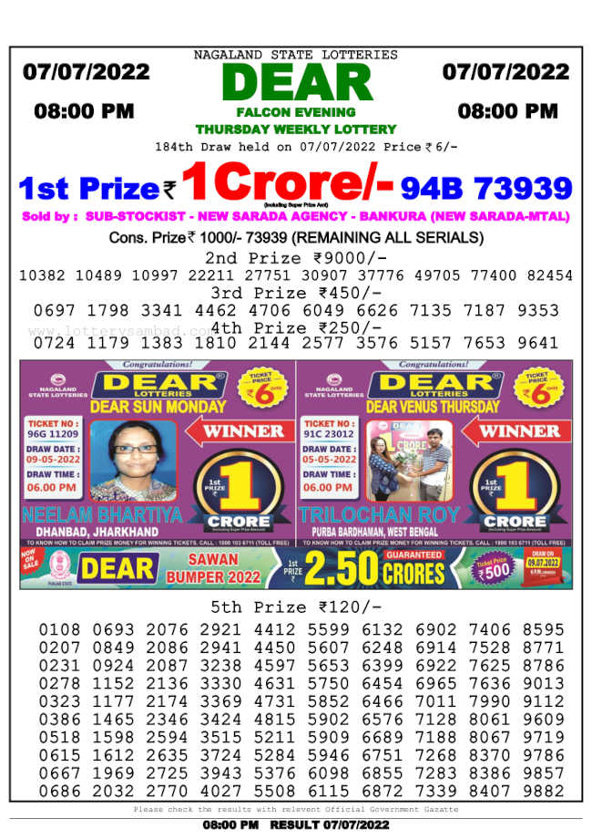 Nagaland 8 PM Lottery Result 7.7.2022